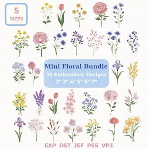 Puede incluir: Una colección digital de 30 diseños de bordado floral titulada Mini Floral Bundle, que presenta varias flores coloridas como rosas, tulipanes y lavanda. El texto indica 5 tamaños de 2 a 7 pulgadas y los formatos de archivo EXP, DST, JEF, PES, VP3.