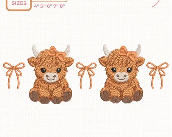 Coquette Highland Cow Embroidery Design, Cute Cow with Bow Machine Embroidery File, Girly Farm Animal Western