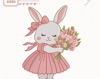 Desenho de bordado de coelhinho fofo, coelhinha de vestido com flores, arquivo de bordado para quarto de bebê, 5 tamanhos, download instantâneo