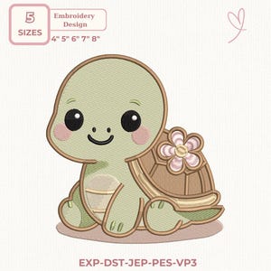 Puede incluir: Diseño bordado de una tortuga de dibujos animados sonriente en tonos verdes, marrones y rosas. La tortuga tiene grandes ojos negros, mejillas rosadas y una flor en su caparazón. El diseño está disponible en 5 tamaños: 10 cm, 13 cm, 15 cm, 18 cm y 20 cm.