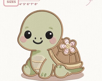 May include: An embroidered design of a smiling cartoon turtle in shades of green, brown, and pink. The turtle has large black eyes, rosy cheeks, and a flower on its shell. The design is available in 5 sizes: 10 cm, 13 cm, 15 cm, 18 cm, and 20 cm.