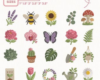 Botanical Garden Embroidery Design Bundle, Floral Plant Machine Embroidery Files, Flower Bee Butterfly Mushroom Icons JEF DST PES