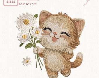 Diseño de bordado "Gatito con margaritas": Gatito feliz con flores, niña bebé, bordado a máquina, 5 tamaños, descarga instantánea