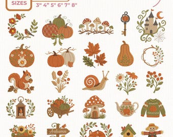 Autumn Fall Embroidery Design Bundle, Pumpkin Mushroom Woodland Machine Embroidery Files, Cozy Harvest Decor Set