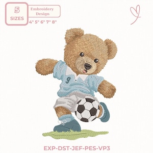 May include: An embroidery design featuring a brown teddy bear in a light blue soccer uniform kicking a black and white soccer ball. The design includes the text "5 SIZES" and "Embroidery Design" with size measurements of 4", 5", 6", 7", and 8".