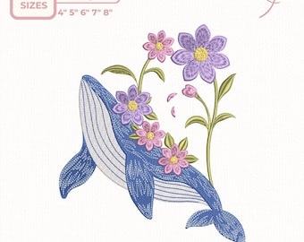 Baby Whale Embroidery Design, Floral Ocean Whale, Coastal Nursery Embroidery, Cute Sea Animal for Baby Clothes, dst,des, exp, jep, vp3