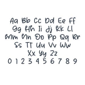 May include: A digital embroidery font set featuring dark grey, rounded, handwritten-style uppercase and lowercase letters from A to Z, along with the numbers 0 through 9, arranged in clear rows against a plain white background.