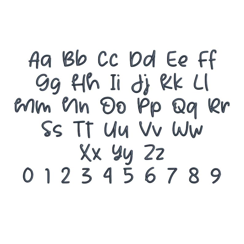 May include: A digital embroidery font set featuring dark grey, rounded, handwritten-style uppercase and lowercase letters from A to Z, along with the numbers 0 through 9, arranged in clear rows against a plain white background.