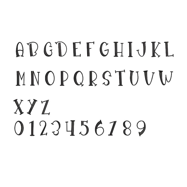 May include: A complete set of black embroidered uppercase letters from A to Z and numbers from 0 to 9. Each character features a distinct, slightly whimsical font style with clean lines and a consistent dark thread appearance on a plain background.