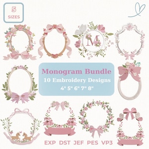 Pode incluir: Dez desenhos de bordado com molduras florais, laços e um monograma. Os desenhos estão disponíveis em cinco tamanhos: 10,16 cm, 12,7 cm, 15,24 cm, 17,78 cm e 20,32 cm. Formatos disponíveis: EXP, DST, JEF, PES e VP3.
