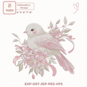 Könnte beinhalten: Ein Stickdesign mit einem Vogel mit rosa und grauen Federn, umgeben von rosa Blumen und Blättern. Das Design enthält den Text "5 SIZES" und Größenangaben in cm: 10,16 cm, 12,7 cm, 15,24 cm, 17,78 cm und 20,32 cm.
