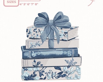 Book Stack Embroidery Design, Floral Books with Bow, Reading Theme, Machine Embroidery File,5 Sizes,  5 Sizes, dst,des, exp, jep, vp3