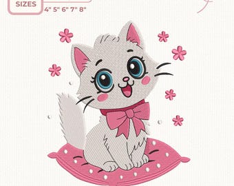 Lindo diseño de bordado de gato, gatito en almohada con lazo, patrón de bordado a máquina para niña, 5 tamaños, descarga instantánea