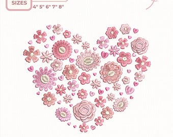 Floral Heart Embroidery Design, Pink Flower Heart Machine Embroidery, Instant Download dst,des, exp, jep, vp3
