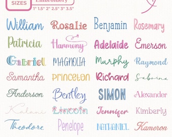 Puede incluir: Una colección de fuentes de bordado digital con 28 estilos en seis tamaños de 2,54 cm a 8,89 cm. La imagen muestra varios nombres como William, Rosalie y Benjamin en diversos colores y estilos, con formatos de archivo como DST, PES, BMP, JEF, EXP, HUS, VP3, INF, XXX, DGT y BX FONT.