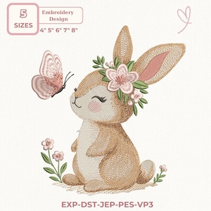 Blommig kanin och fjäril - Söt vårkanin broderidesign, maskinbroderifil, 5 storlekar direkt nedladdning