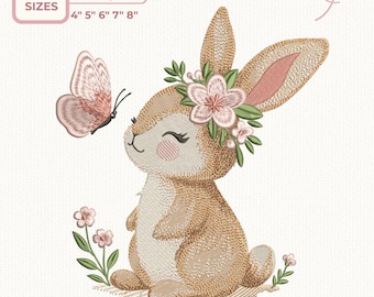 Floral Bunny & Butterfly - Cute Spring Rabbit Embroidery Design, Machine Embroidery File, 5 sizes Instant Download