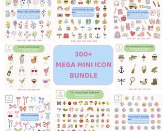 300+ Mini Icons Embroidery Bundle  Designs, Summer Sea Animal  Embroidery File, ,Bows,Flowers,Hunting, Cocktail, Instant Download