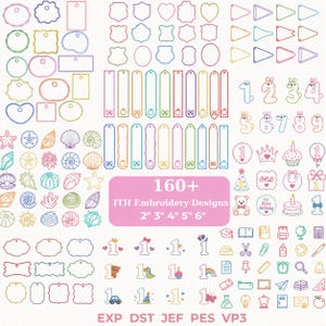 Puede incluir: Una colección de más de 160 diseños de bordado ITH en varias formas, incluyendo etiquetas, escudos, corazones y pancartas. Los diseños incluyen números, animales y elementos temáticos de cumpleaños. Tamaños de 5 cm a 15 cm.