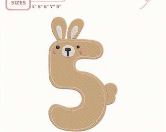 Kids Number Embroidery Applique, Bunny Number 5 Embroidery, Kids Birthday Applique Design, Machine Embroidery File,  5 sizes