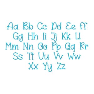May include: A complete set of uppercase and lowercase letters of the alphabet from Aa to Zz, embroidered in a bright cyan blue thread. Each letter features a distinct, rounded, and playful font style with consistent line thickness throughout.