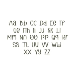 May include: An embroidery alphabet set featuring uppercase and lowercase letters from A to Z. Each character is rendered in a dark gray, stitched-style font with a clean, rounded design, arranged in rows against a plain white background.
