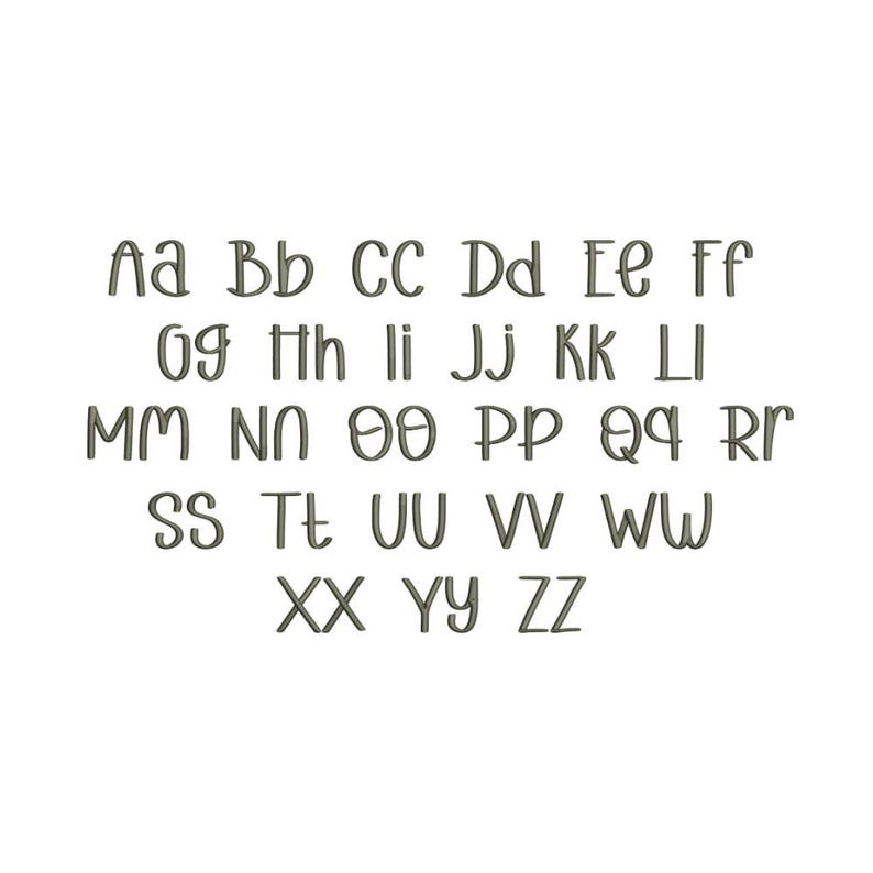 May include: An embroidery alphabet set featuring uppercase and lowercase letters from A to Z. Each character is rendered in a dark gray, stitched-style font with a clean, rounded design, arranged in rows against a plain white background.