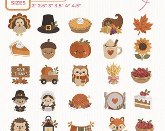 Thanksgiving Embroidery Design Bundle 25 Designs, Fall Autumn Machine Embroidery, Cute Turkey Pumpkin Harvest Icons, 6 Size Jef  DST PES