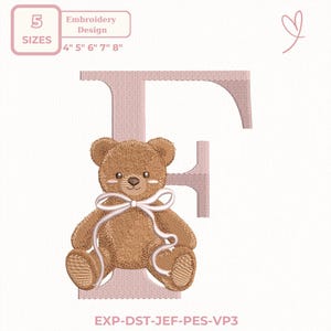 Disegno per ricamo con monogramma orsetto di peluche, lettera carina per la cameretta, iniziale per bambina o bambino, file per ricamo a macchina, 5 misure dst,des, exp, jep, vp3