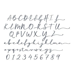 May include: A dark gray digital alphabet and number set featuring uppercase letters A through Z, lowercase letters a through z, and numerals 0 through 9. Each character is rendered in a flowing, cursive script style with elongated tails.