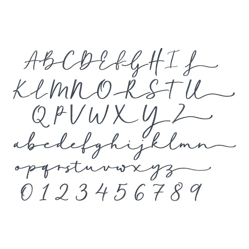 May include: A dark gray digital alphabet and number set featuring uppercase letters A through Z, lowercase letters a through z, and numerals 0 through 9. Each character is rendered in a flowing, cursive script style with elongated tails.