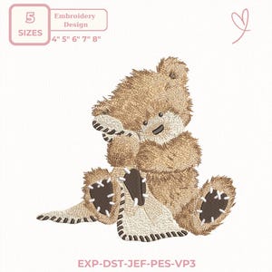 Disegno da ricamo a forma di orsetto di peluche – Orsetto patchwork, stile peluche cucito, ricamo rustico per cameretta dei bambini, 5 misure, dst, des, exp, jep, vp3