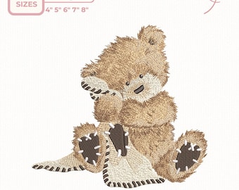Teddy Bear Embroidery Design – Patchwork Bear, Stitched Plush Style, Rustic Nursery Embroidery, 5 Sizes, dst,des, exp, jep, vp3