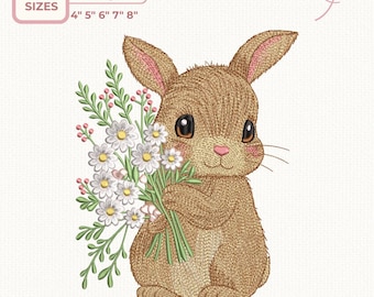 Bunny with Flower Bouquet Embroidery Design, Cute Spring Rabbit Machine Embroidery Pattern for Easter,  5 sizes,  Instant Download