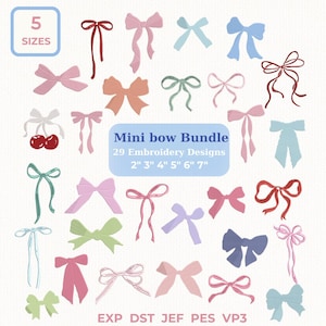 Puede incluir: Una colección de 29 diseños de bordado de mini lazos en varios colores, incluyendo rosa, azul, verde y rojo. La imagen incluye el texto "Mini bow Bundle" y enumera tamaños de 5 cm a 18 cm. La imagen también muestra el texto "EXP DST JEF PES VP3".