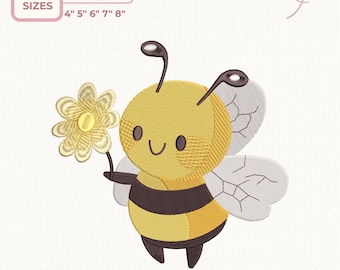 Cute Bee Embroidery Design, Bumble Bee with Flower,  Baby Nursery Machine Embroidery File, 5 sizes, Instant Download