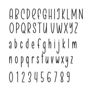 May include: A black digital alphabet and numeric set featuring uppercase letters A through Z, lowercase letters a through z, and numbers 0 through 9. The characters are rendered in a thin, tall, hand-drawn style font against a plain white background.