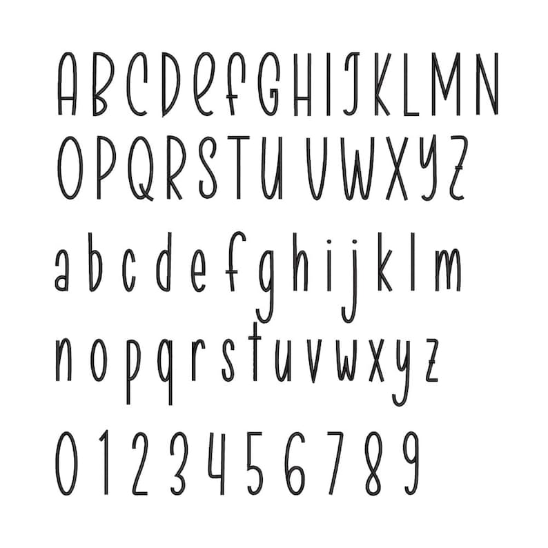 May include: A black digital alphabet and numeric set featuring uppercase letters A through Z, lowercase letters a through z, and numbers 0 through 9. The characters are rendered in a thin, tall, hand-drawn style font against a plain white background.