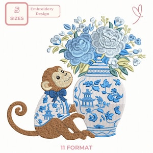 Blue Chinoiserie Monkey Embroidery Design, Cute Monkey with Floral Vase, Vintage Floral, Nursery Animal, 5 Sizes, dst,des, exp, jep, vp3
