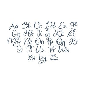 May include: A complete set of the English alphabet in uppercase and lowercase letters, presented in a dark blue cursive script font. The letters are arranged in rows, starting with Aa through Ff, followed by Gg through Ll, Mm through Rr, Ss through Ww, and ending with Xx, Yy, and Zz.