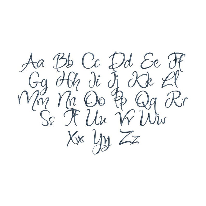 May include: A complete set of the English alphabet in uppercase and lowercase letters, presented in a dark blue cursive script font. The letters are arranged in rows, starting with Aa through Ff, followed by Gg through Ll, Mm through Rr, Ss through Ww, and ending with Xx, Yy, and Zz.