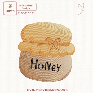Broderidesign med honungskruka, söt maskinbroderifil med honungskruka, broderimönster med bitema, 5 storlekar, direktnedladdning