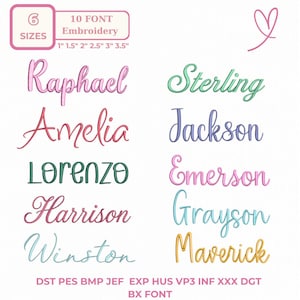 Può includere: Un set di font per ricamo digitale con dieci nomi in vari colori e stili corsivi. Il testo include 6 SIZES, 10 FONT Embroidery, 1" 1.5" 2" 2.5" 3" 3.5" e i formati file DST, PES, BMP, JEF, EXP, HUS, VP3, INF, XXX, DGT, BX FONT.