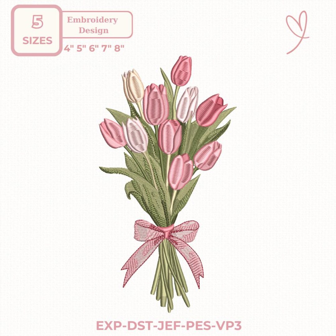 Tulip Bouquet Embroidery Design, Spring Floral Bouquet With Bow Machine ...