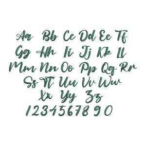 May include: A complete set of dark green embroidered letters and numbers in a cursive script font. The alphabet includes both uppercase and lowercase characters from Aa to Zz, followed by the numerical digits 1 through 9 and the number 0.