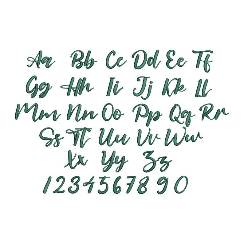 May include: A complete set of dark green embroidered letters and numbers in a cursive script font. The alphabet includes both uppercase and lowercase characters from Aa to Zz, followed by the numerical digits 1 through 9 and the number 0.