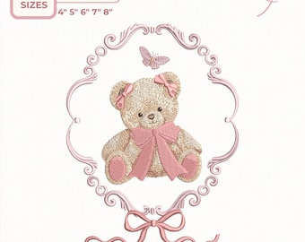 Teddy Bear Embroidery Design, Cute Bear with Bow, Nursery Theme, Frame Embroidery Design, 5 Sizes, dst,des, exp, jep, vp3