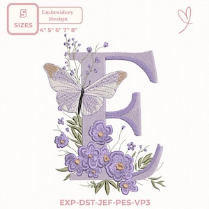 May include: An embroidered design featuring the letter "E" in lavender, adorned with a butterfly and flowers. The design includes sizes 4", 5", 6", 7", and 8". The design is for embroidery.