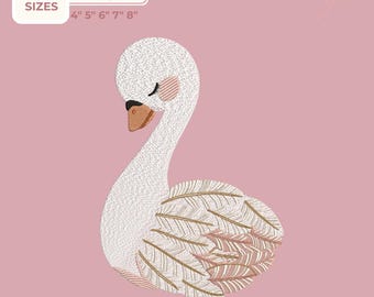 Swan Embroidery Design – Cute Pastel Swan Machine Embroidery File, Baby Girl Nursery Stitch Pattern, Elegant Feather Detail Design