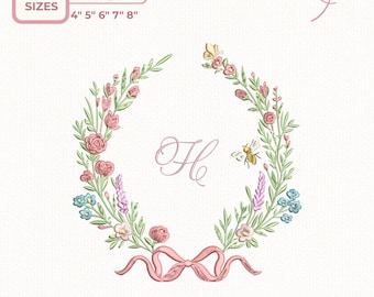 Floral Wreath Embroidery Design Frame, Monogram Circle Flower Border, Machine Embroidery File,Instant Download dst,des, exp, jep, vp3